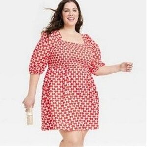Ava & Viv Red Dress Womens XXL Balloon Sleeve Smocked Floral Tie Neck Sundress